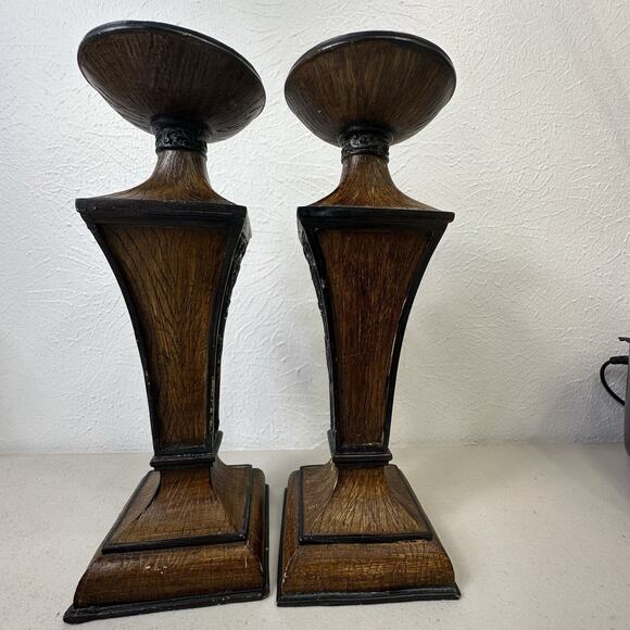 Set 2 Rustic Resin Dark Wood Pattern Pillar Candle Holders 11 Inch Ornate Metal - Picture 4 of 14